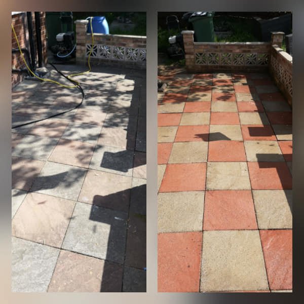 before and after pressure washed patio