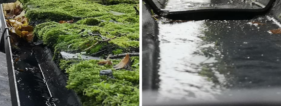 before and after image of clogged gutters