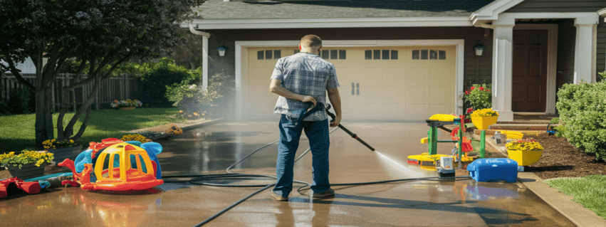 a drive way not prepared for pressure washing with kids toys on it (1)