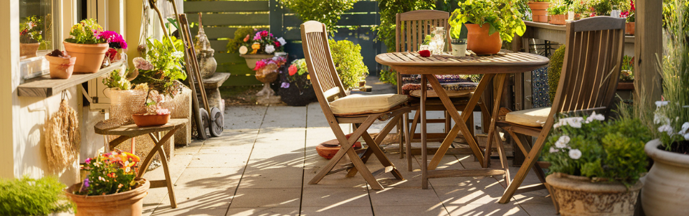 a patio with gardening tools, table, chairs