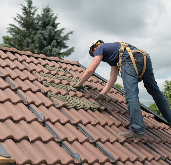 man pointing roof tiles with cement